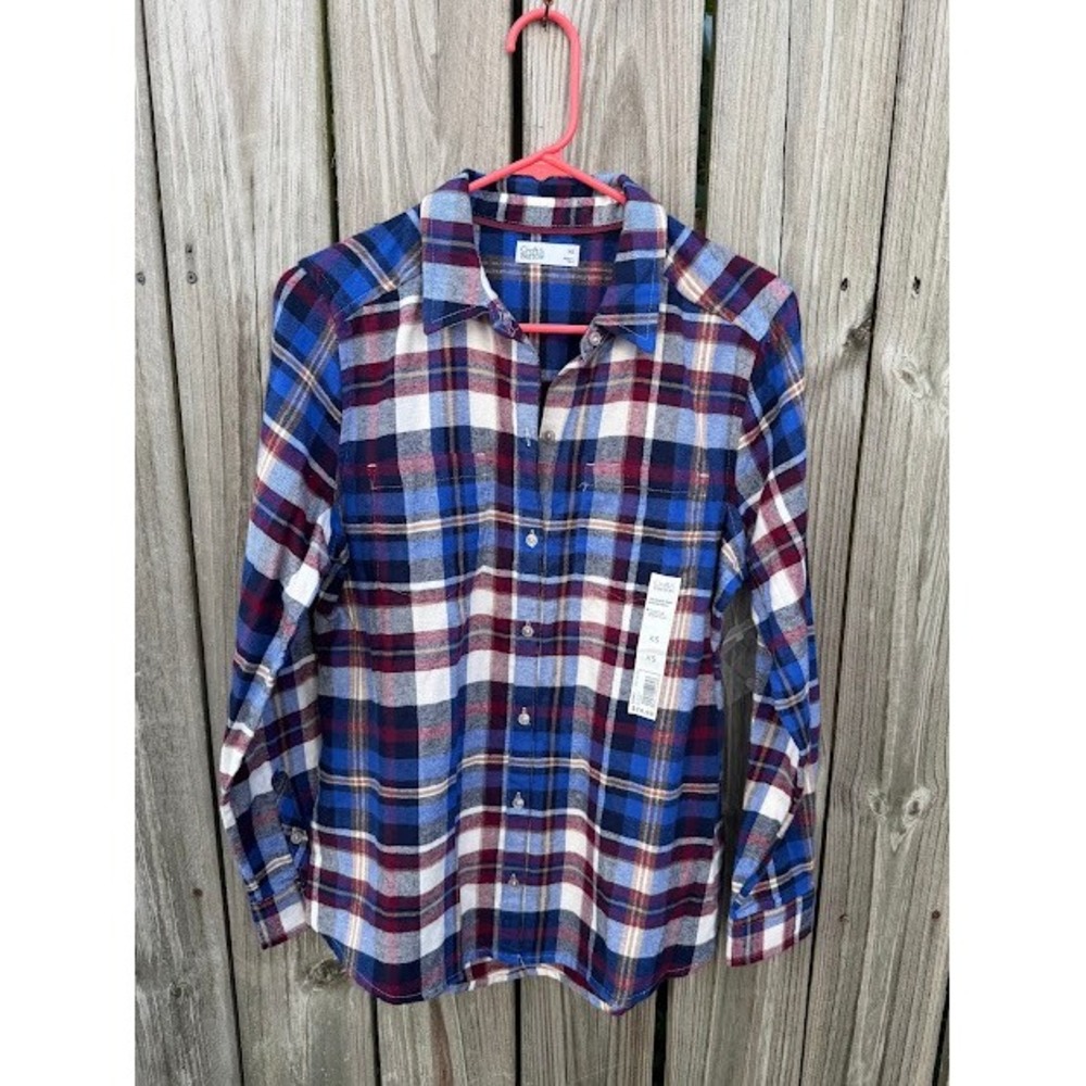 Flannel Plaid Gorpcore Croft & Barrow Button Down Shirt XS Blue Burgundy Casual